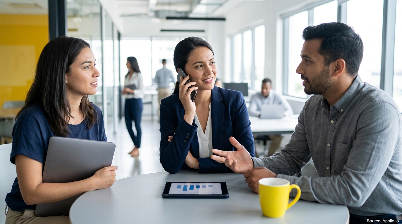 Three professionals discuss at a modern office table, one converses on a phone.