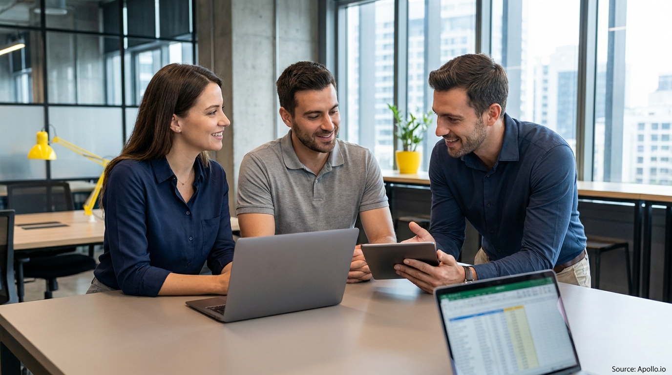 Three smiling colleagues discuss work with devices at a modern office table.