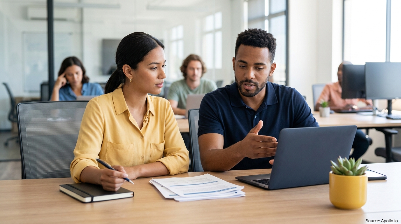 Two professionals discussing at a laptop, one writing notes, in a busy office.