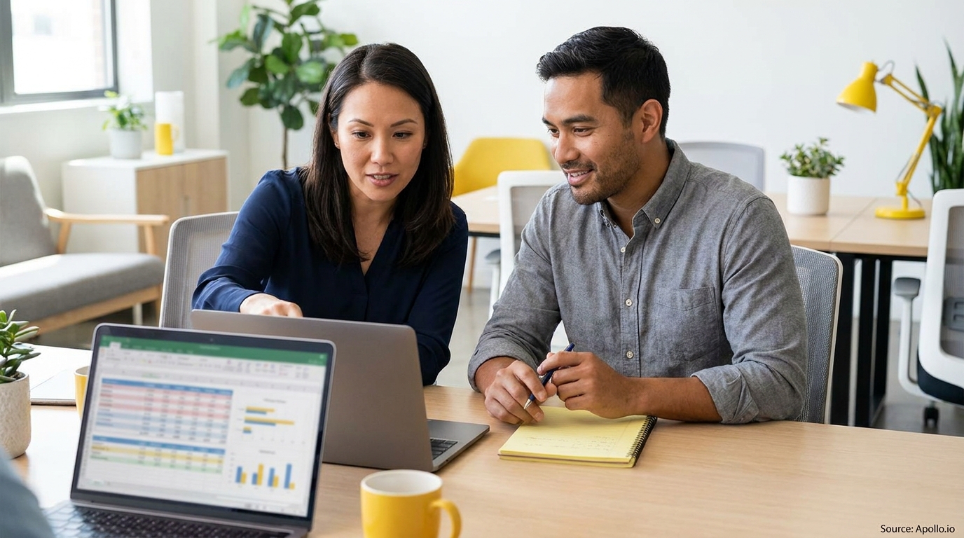 Two professionals review data on a laptop in a bright modern office.