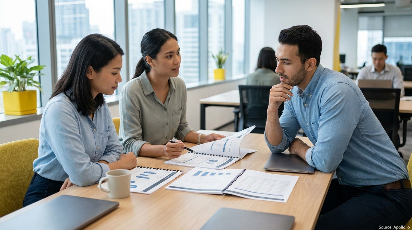 Three professionals discuss reports at a modern office table with city views.