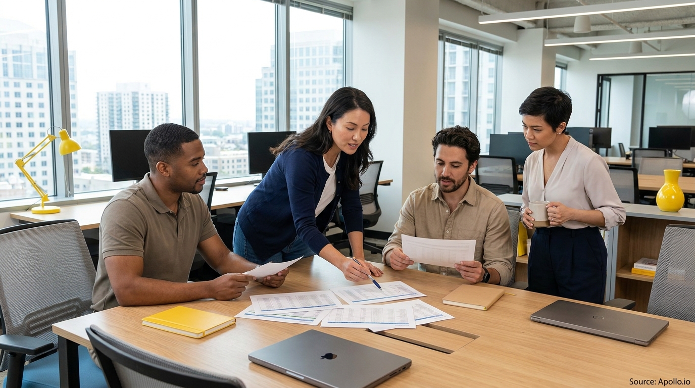 Four colleagues review documents at a table in a modern office, one pointing at papers.