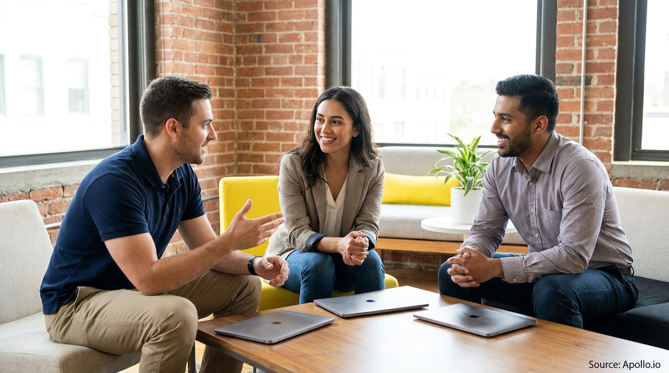 Three colleagues converse and smile in a modern office lounge with laptops on the table.