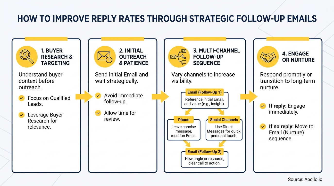 A four-step flowchart explaining how to improve email reply rates with strategic follow-up and multi-channel outreach.