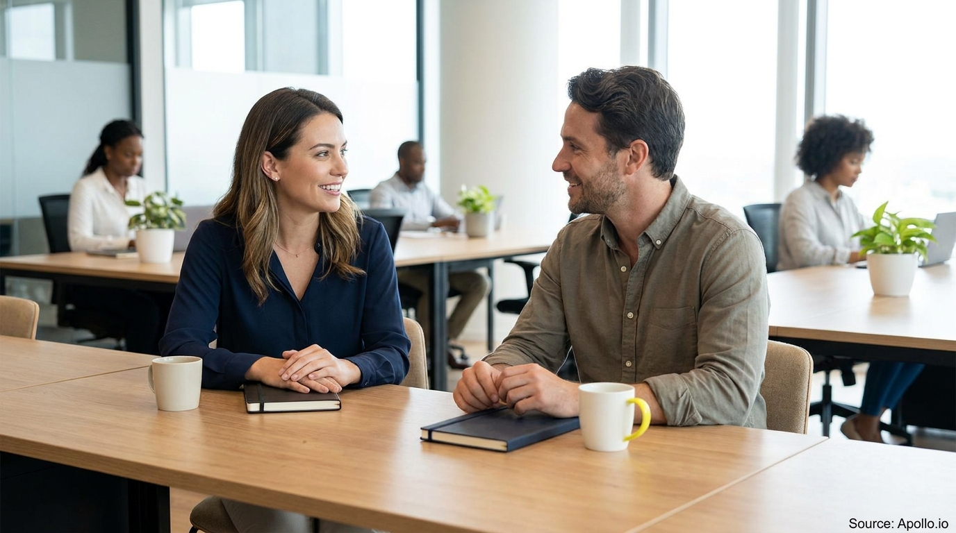 Two smiling professionals talk at a modern office table with colleagues working.