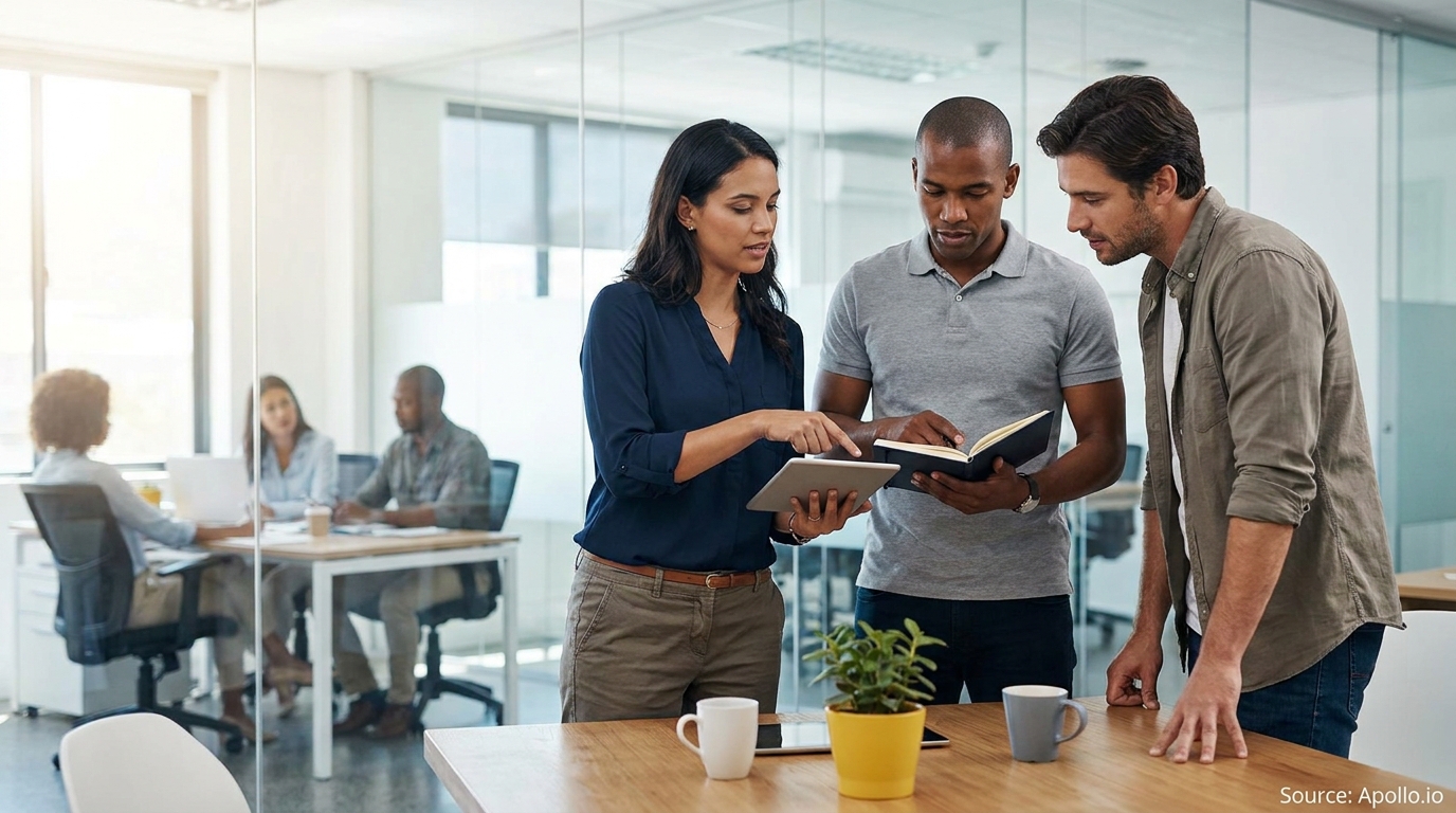 A team of three professionals collaborates using a tablet and notebook in a glass-walled office.