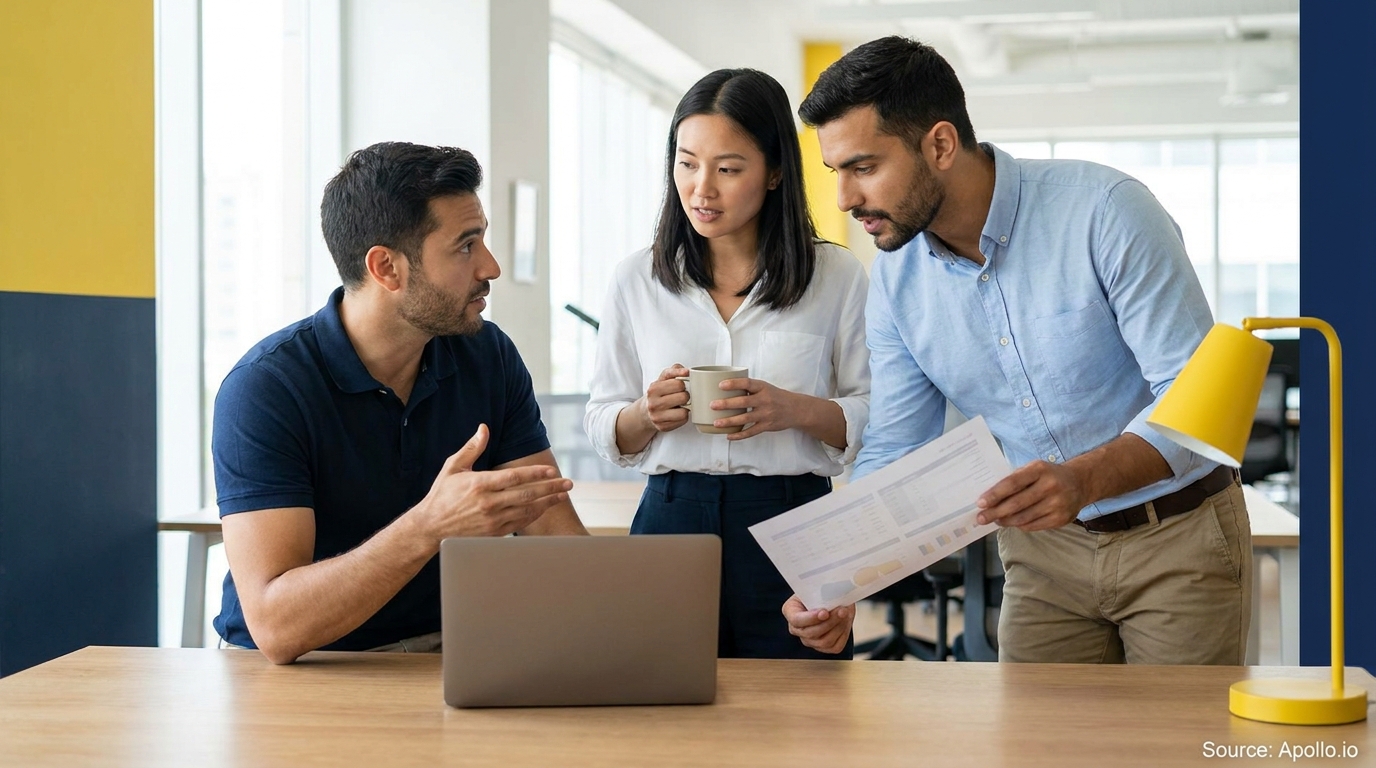 Two men and a woman review documents and a laptop in a bright office.