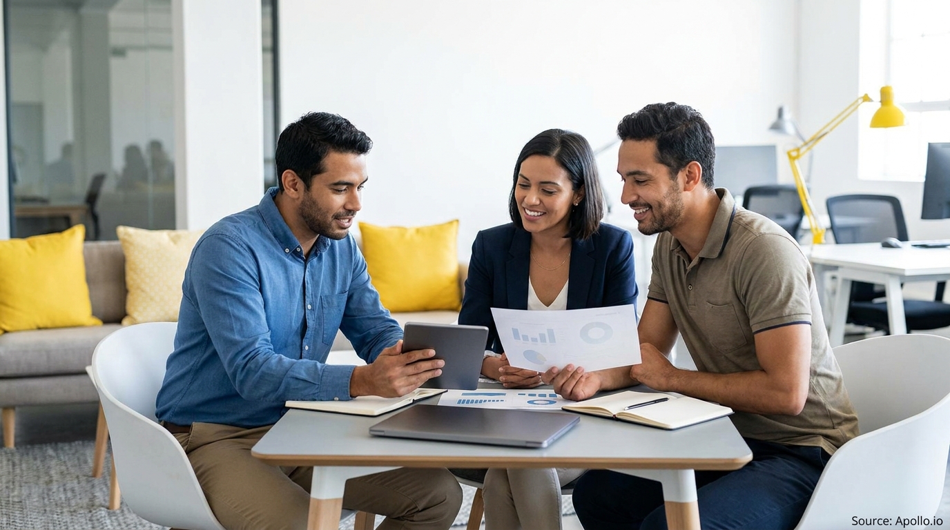 Three smiling professionals discuss data on a tablet and paper at a modern office table.