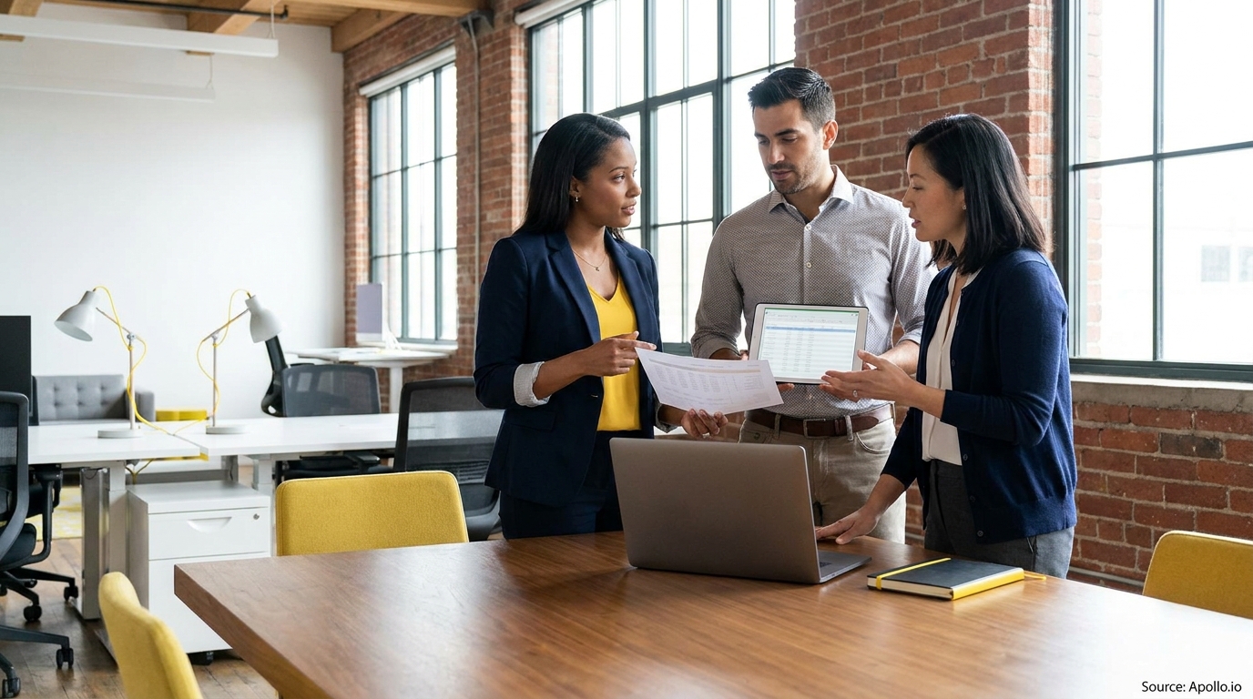 Three professionals discuss documents and a tablet in a modern office.
