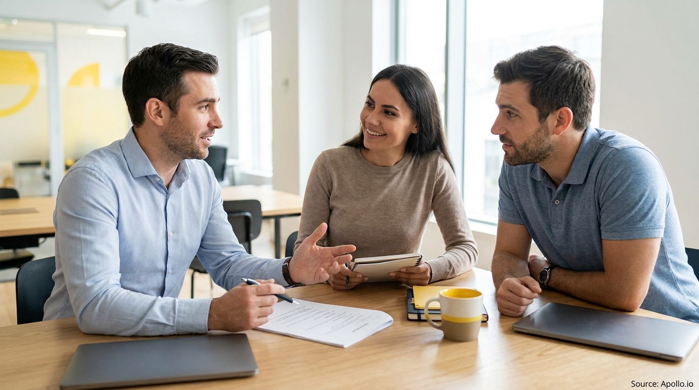 Three professionals discussing at a modern office table with documents and laptops.