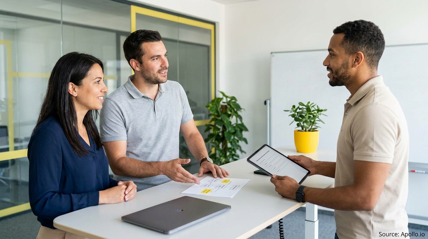 Three professionals discuss a flowchart and a digital form on a tablet at an office table.