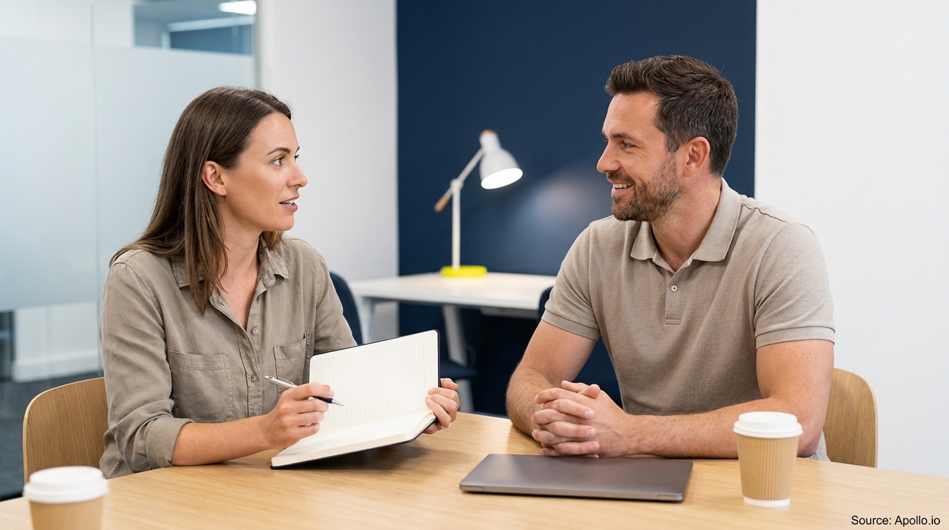Two professionals discuss in a modern office, one taking notes, the other listening.