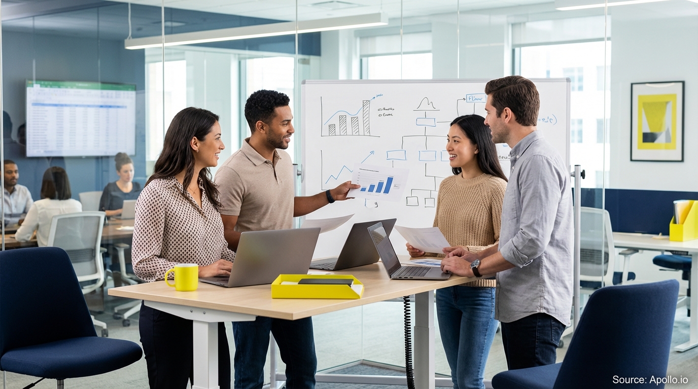 Sales team collaborating in a modern open-plan office in a sales team meeting