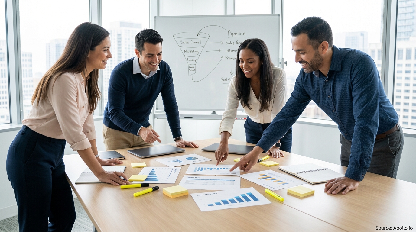 Sales professionals discussing strategy around a conference table in a sales team meeting