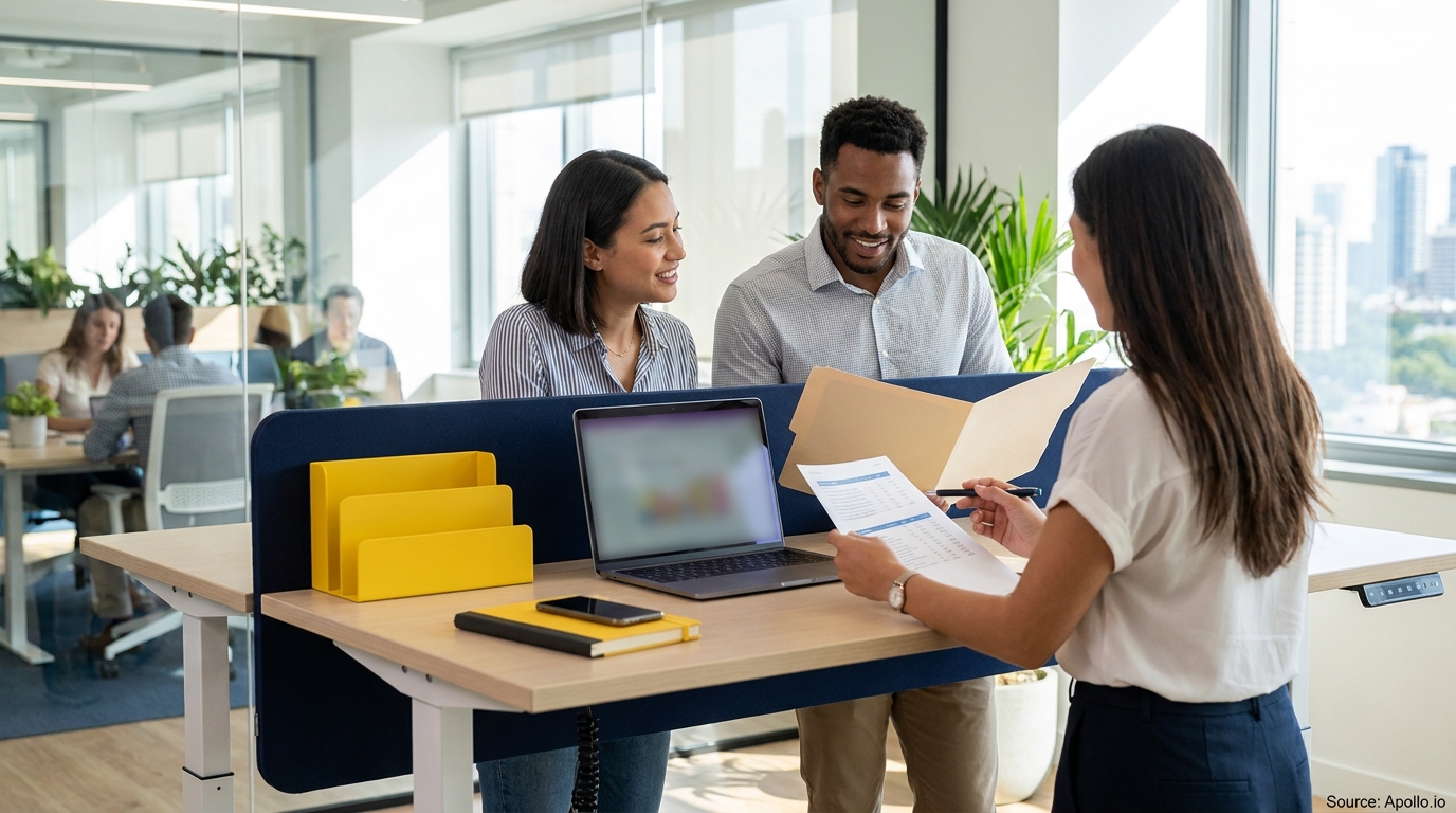 Three colleagues review documents at a bright, modern office standing desk.
