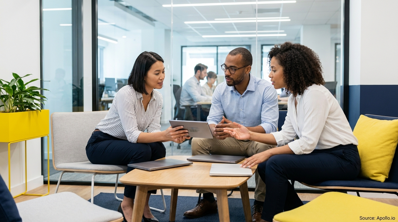 Three colleagues collaborate using a tablet in a bright, modern office space.