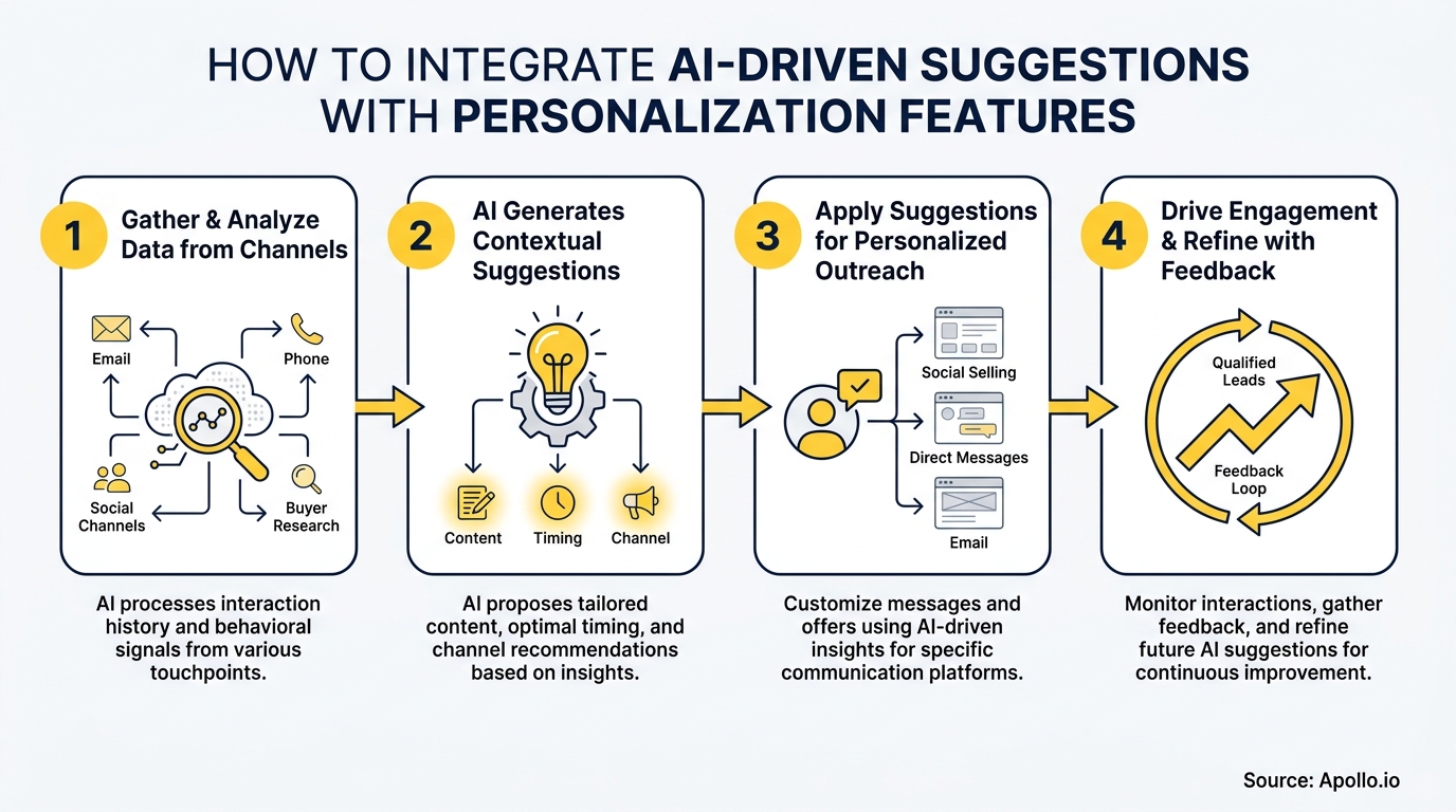 Diagram illustrating a four-step process for integrating AI suggestions with personalized outreach.