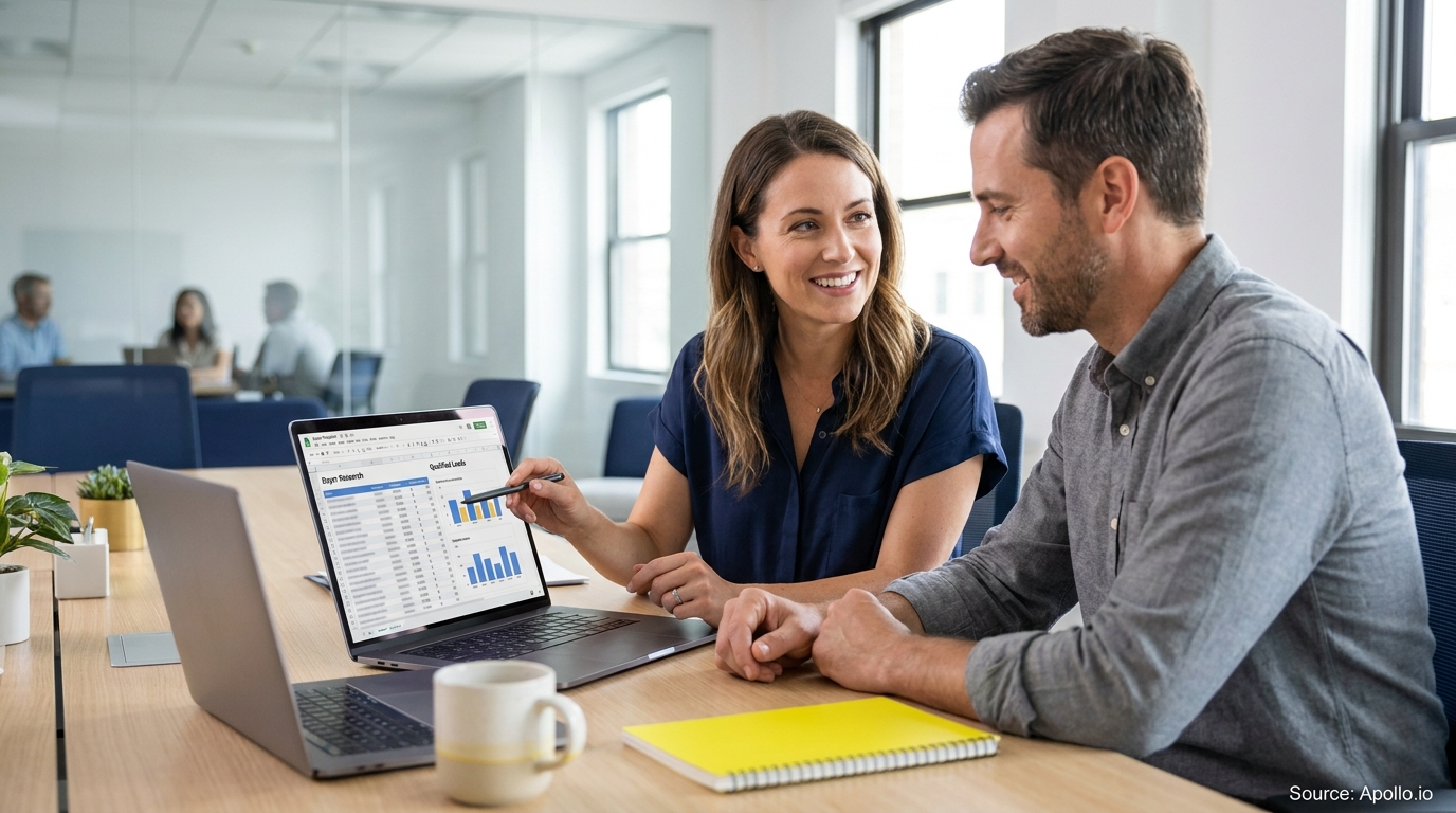 Two smiling professionals discussing laptop data in a modern office.