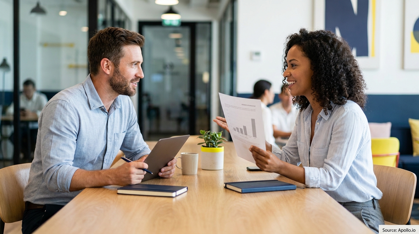 Two professionals smile while reviewing a document and tablet at a modern office table.