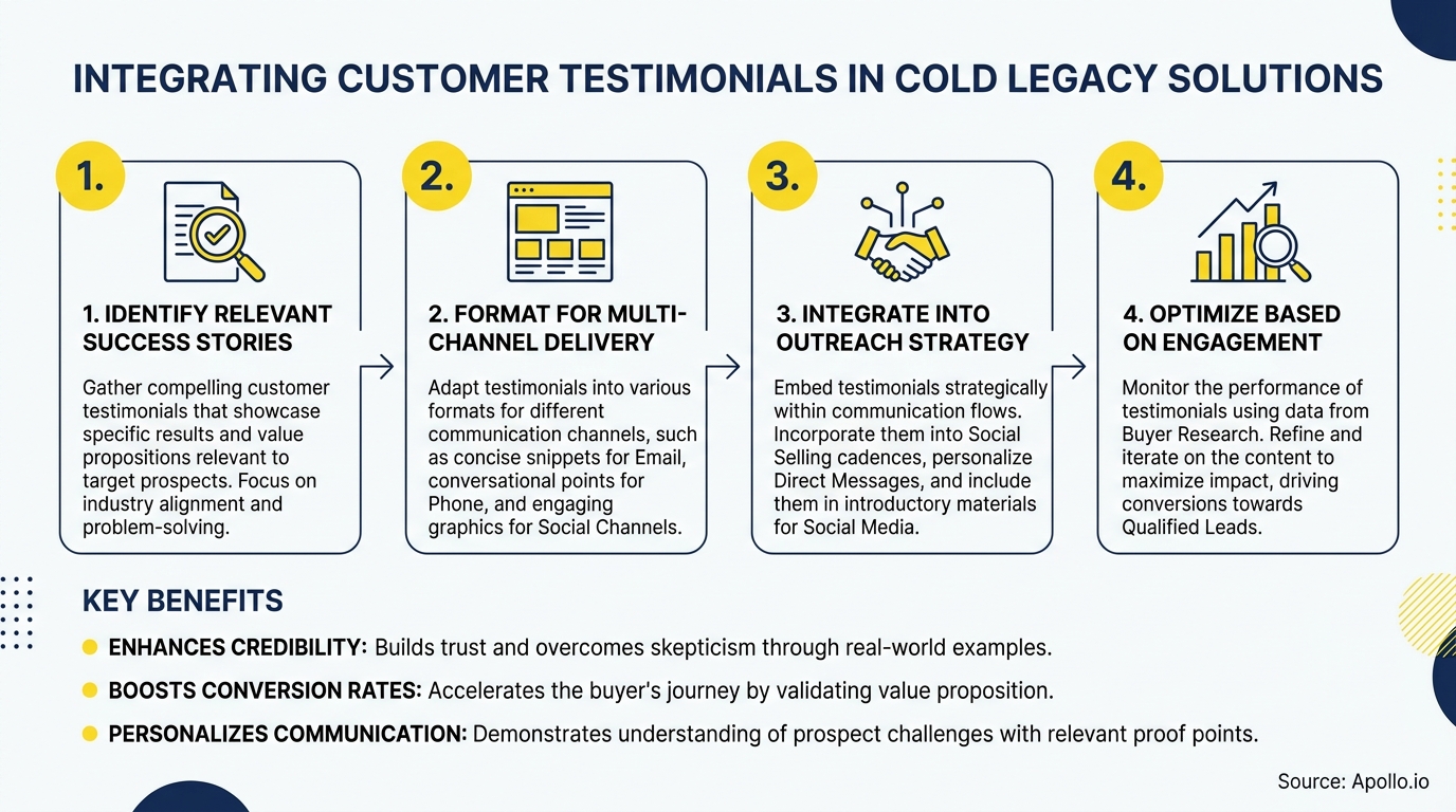 Flowchart illustrating four steps to integrate customer testimonials, listing key benefits.