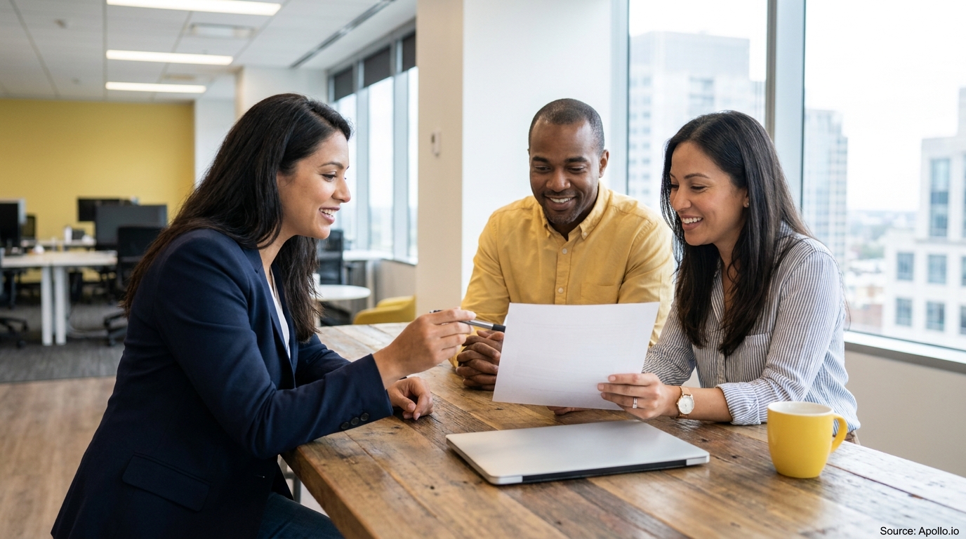 Three smiling professionals review a document at a modern office table.