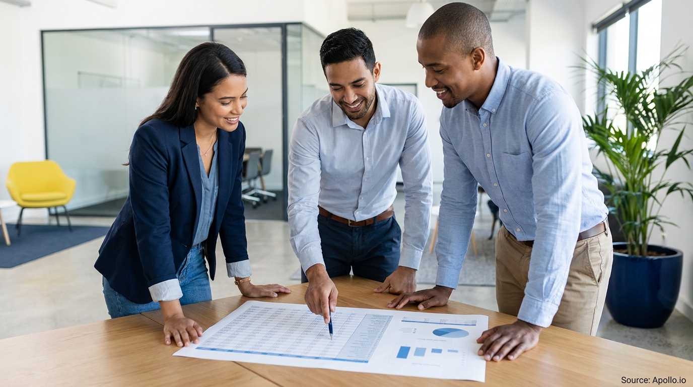 Three smiling professionals discuss documents with charts at a modern office table.