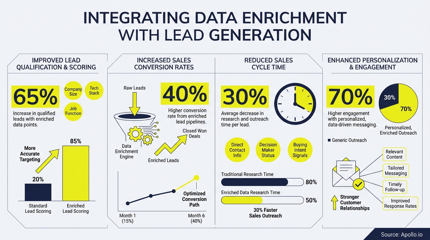 Infographic detailing four key benefits of integrating data enrichment with lead generation.