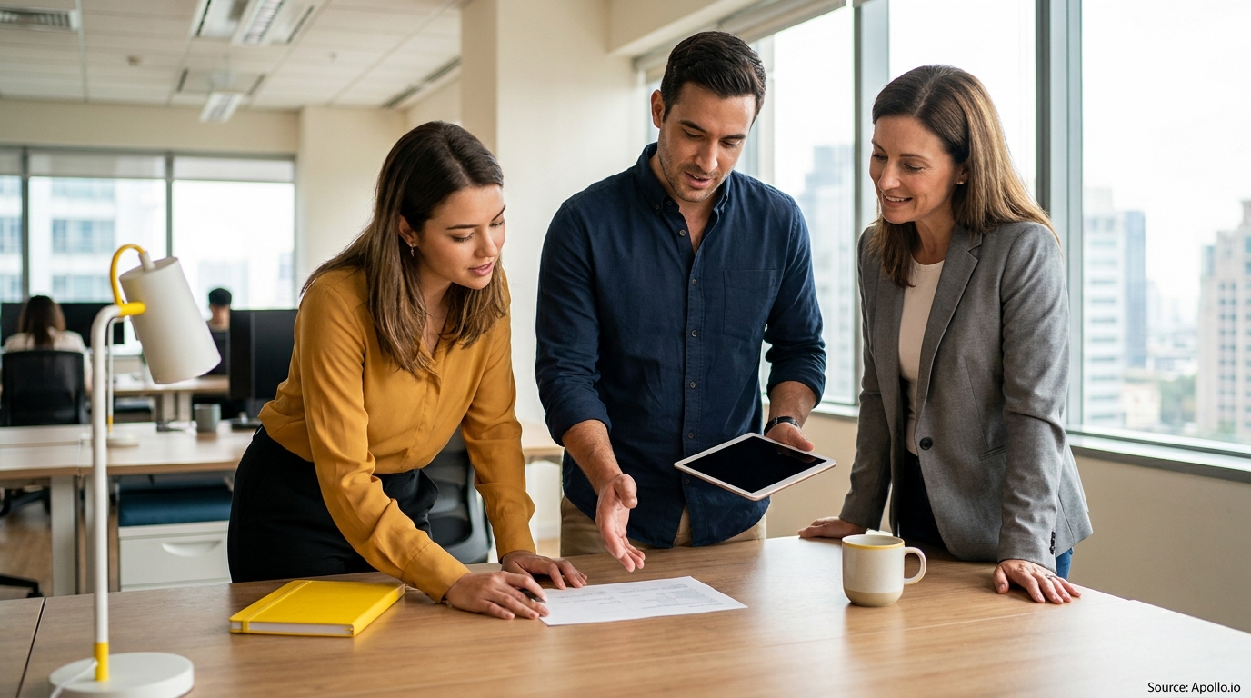 Three professionals review documents and a tablet in a modern office.