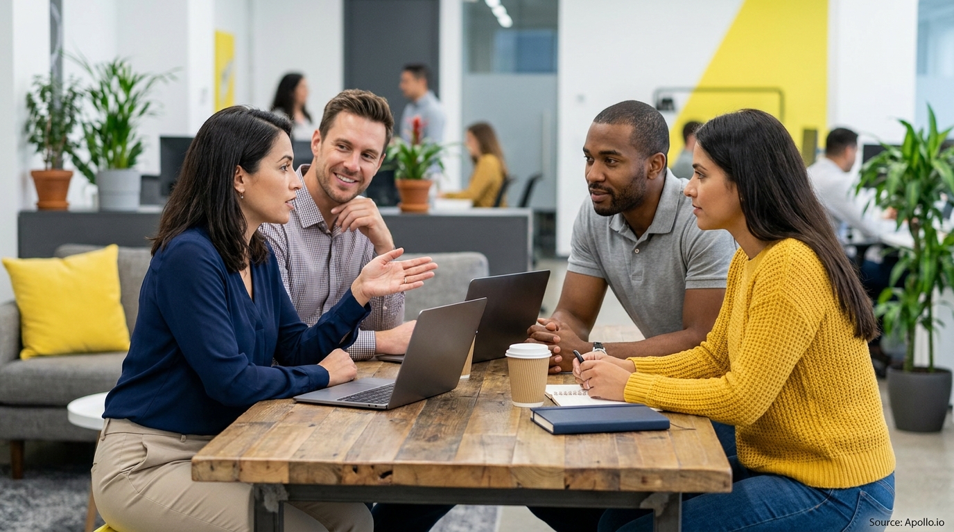 Four professionals discuss work around a table with laptops in a modern office.