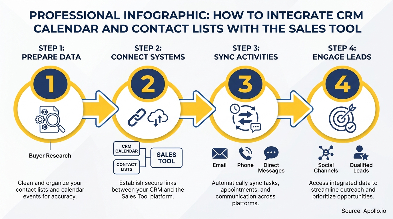 An infographic displaying four steps to integrate CRM calendar and contact lists with a sales tool.
