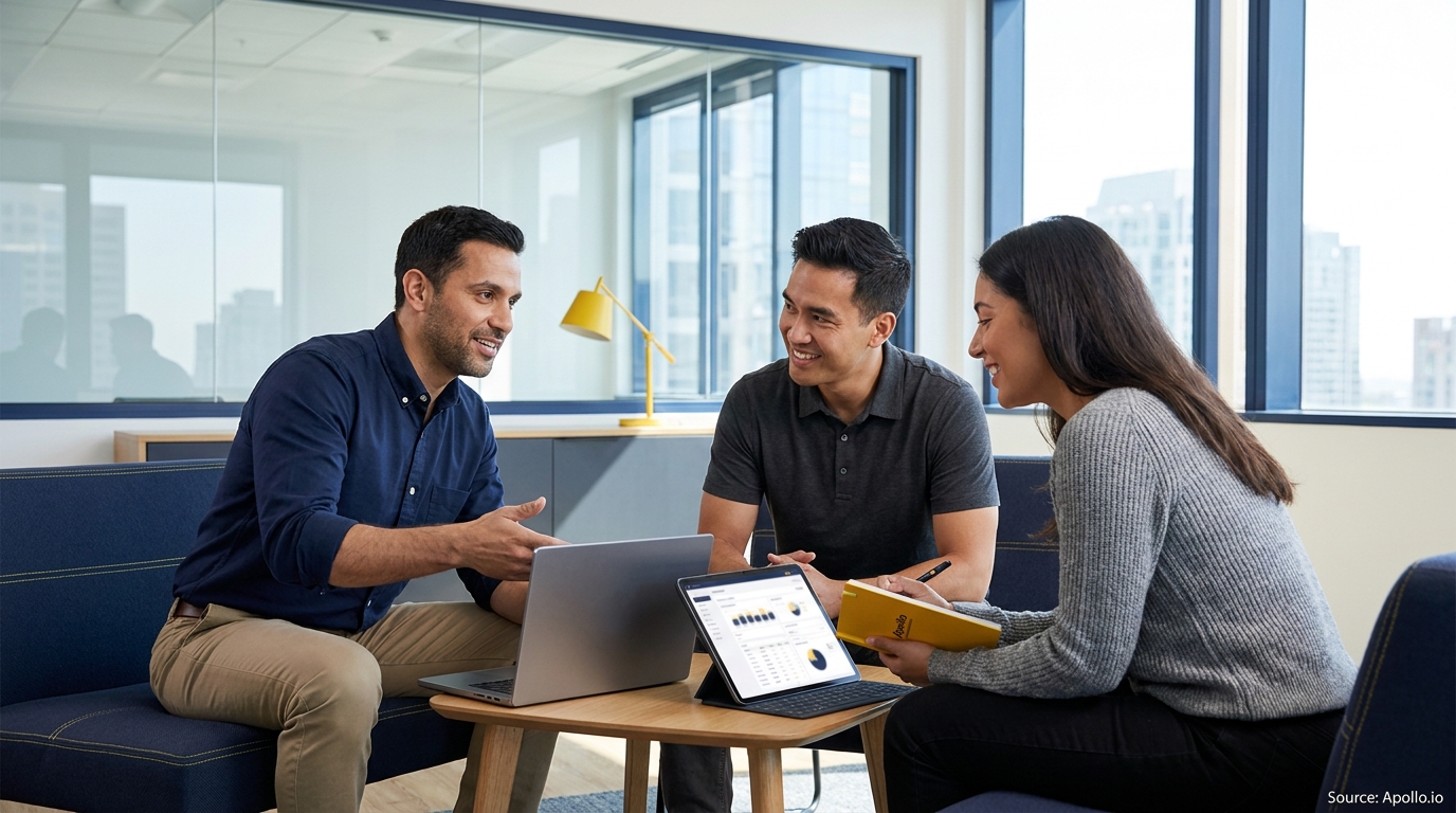 Three professionals discuss data on a laptop and tablet in a modern office lounge.