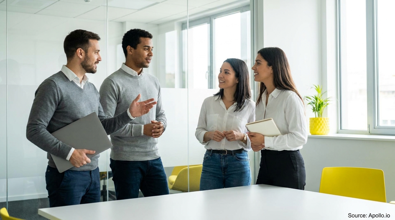 Four professionals discuss in a bright modern office setting.