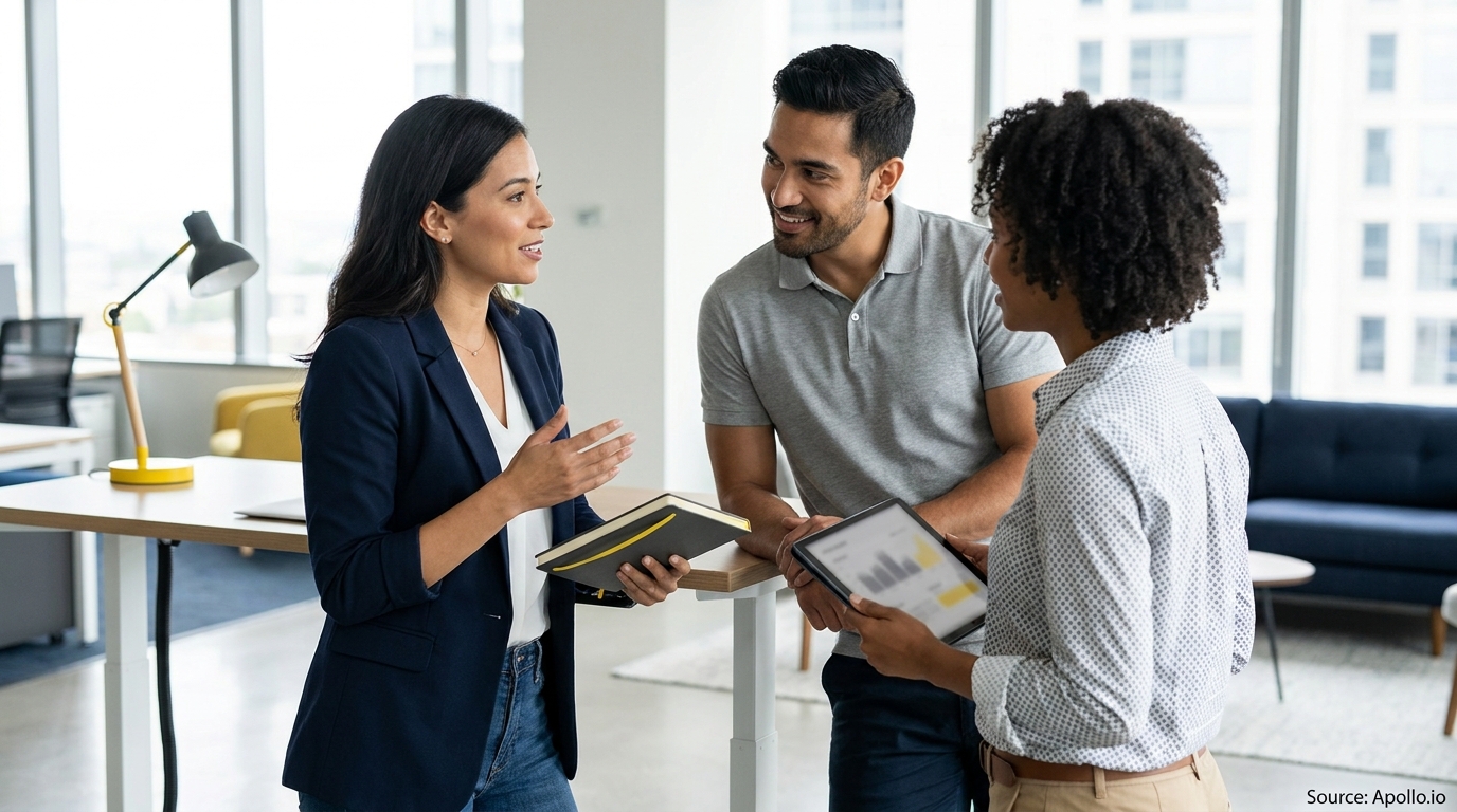 Three professionals discuss ideas in a bright modern office, holding a notebook and a tablet.