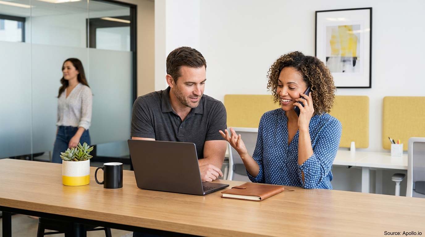Three professionals in a modern office: two work at a table with a laptop and phone, one walks.