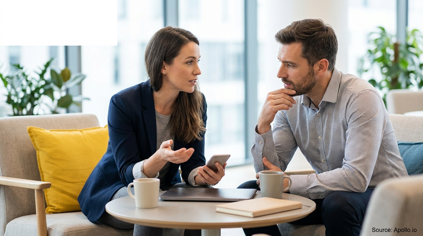 Two professionals discuss, one holding a phone, in a modern office lounge.