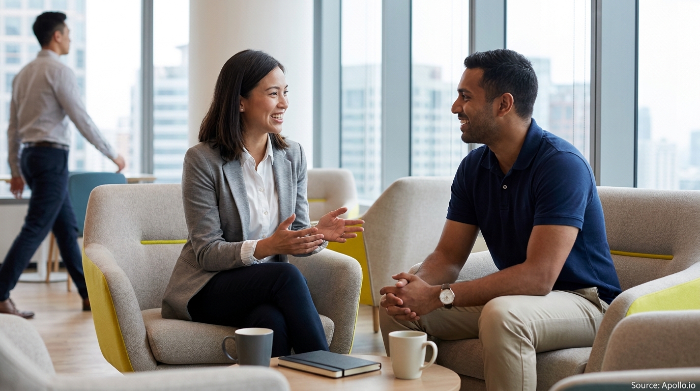 Two smiling professionals converse in a modern office lounge as another person walks by.