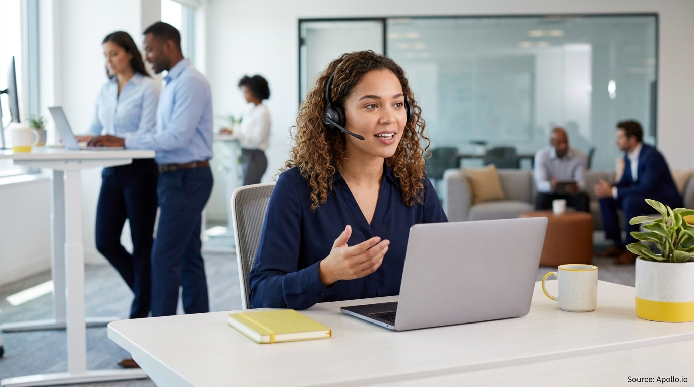 Woman wearing a headset and using a laptop in a lively open-plan office.