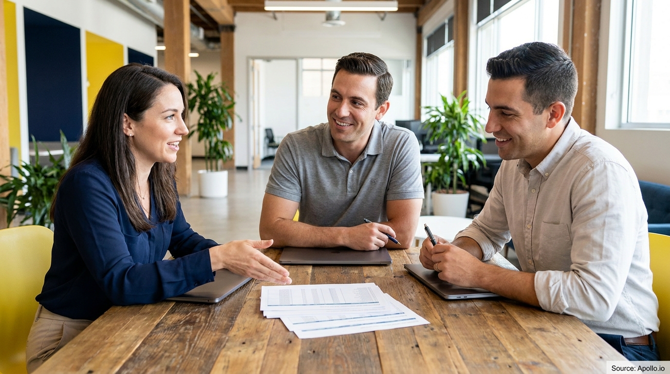 Three smiling colleagues discuss documents and laptops at a wooden office table.