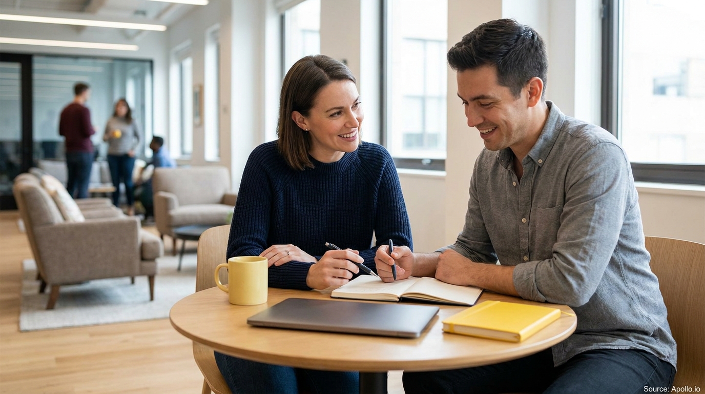 Two smiling professionals discuss notes at a table in a modern office space.