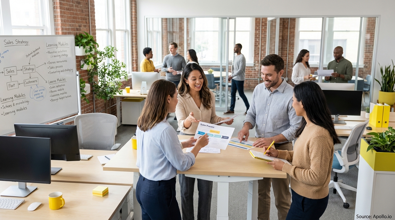 Sales team collaborating in a modern open-plan office in a sales team meeting