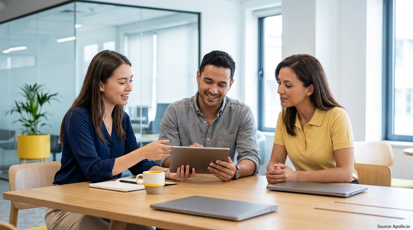 Three smiling colleagues actively collaborate using a tablet in a modern office.