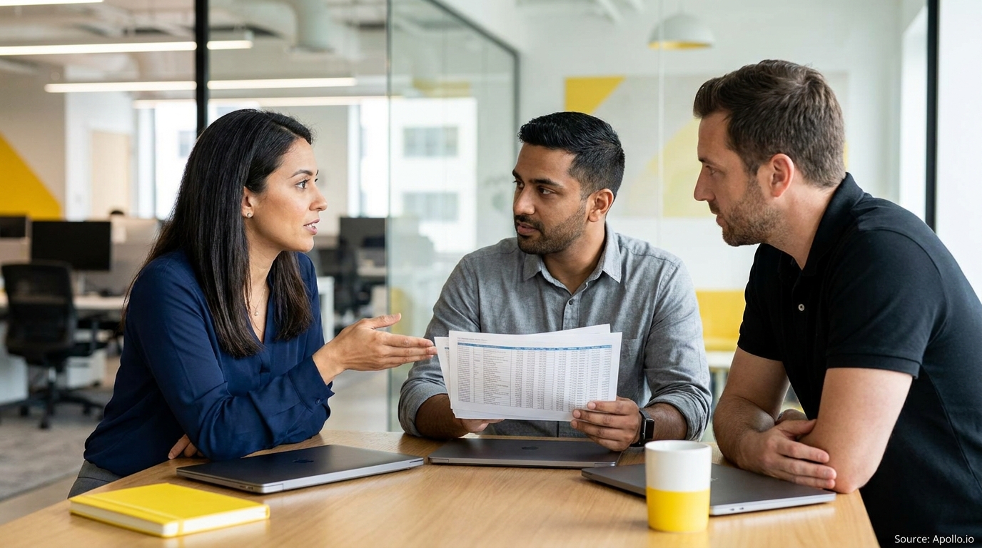 Three colleagues review data sheets and discuss at an office table.