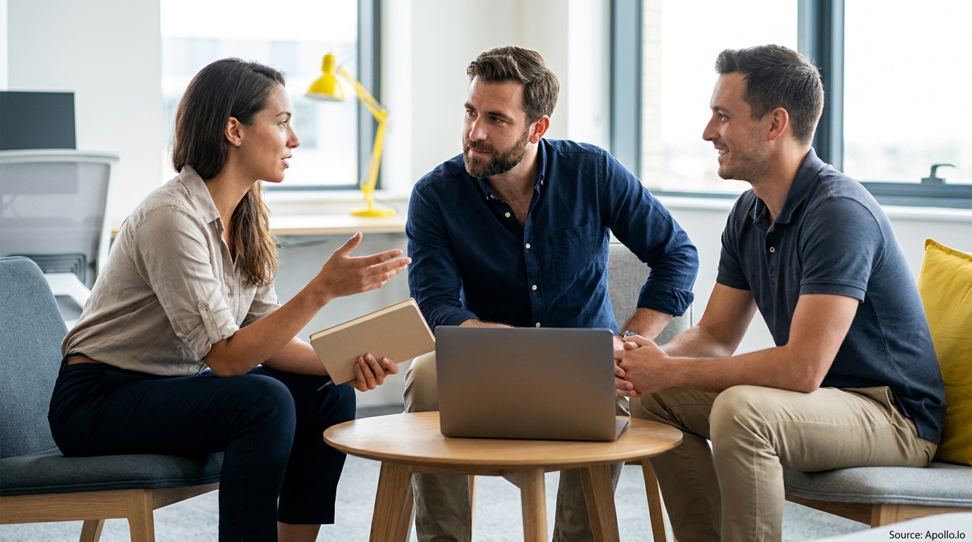 Three colleagues having a meeting, conversing around a laptop and notebook in an office.