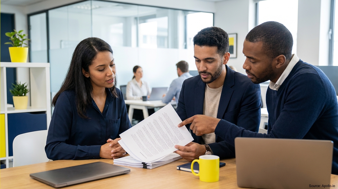 Three professionals discuss documents, one pointing, at a modern office table.