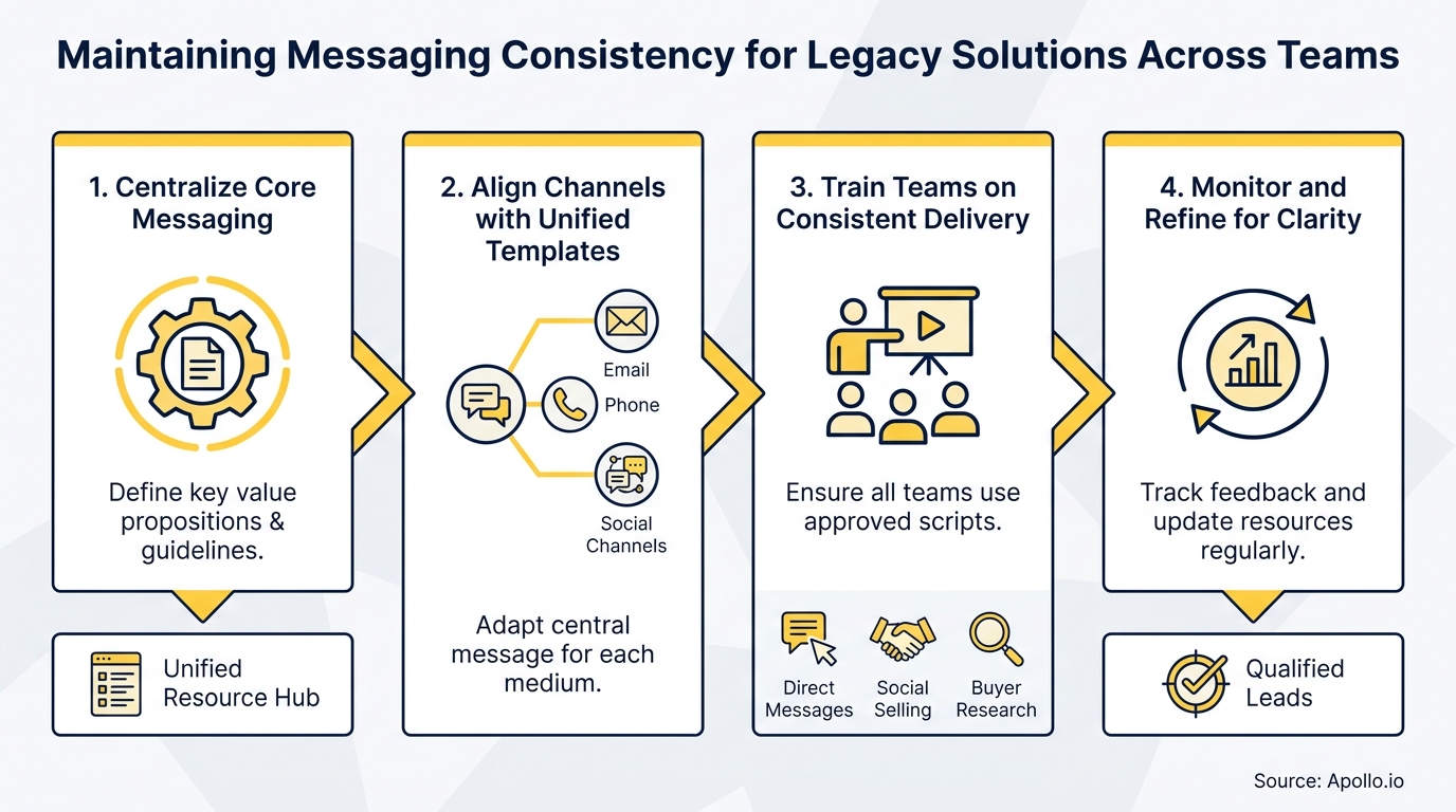 A four-step process diagram illustrating how to maintain consistent messaging across different channels and teams.