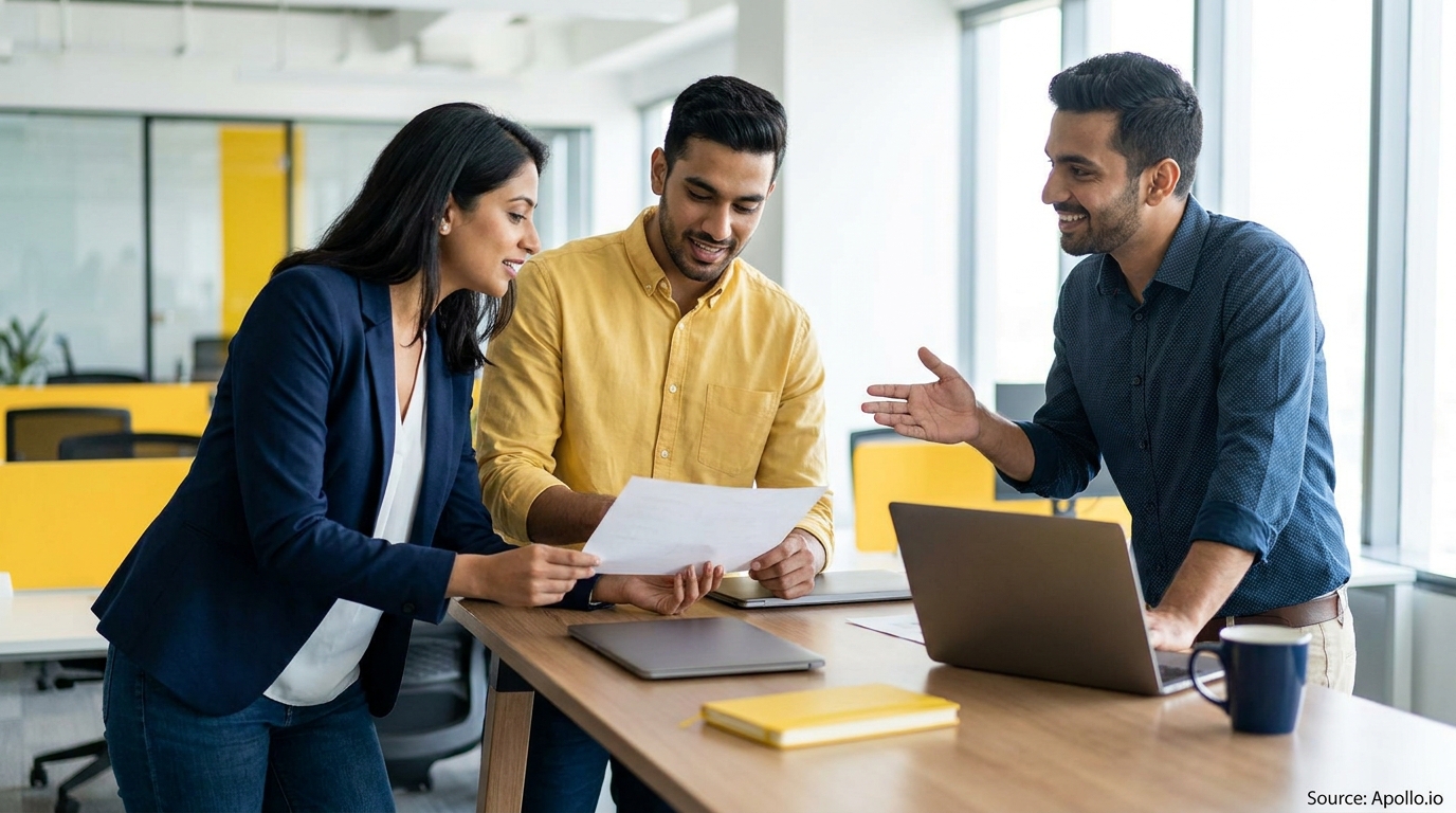 Three professionals collaborate on documents and discuss ideas in a modern office.
