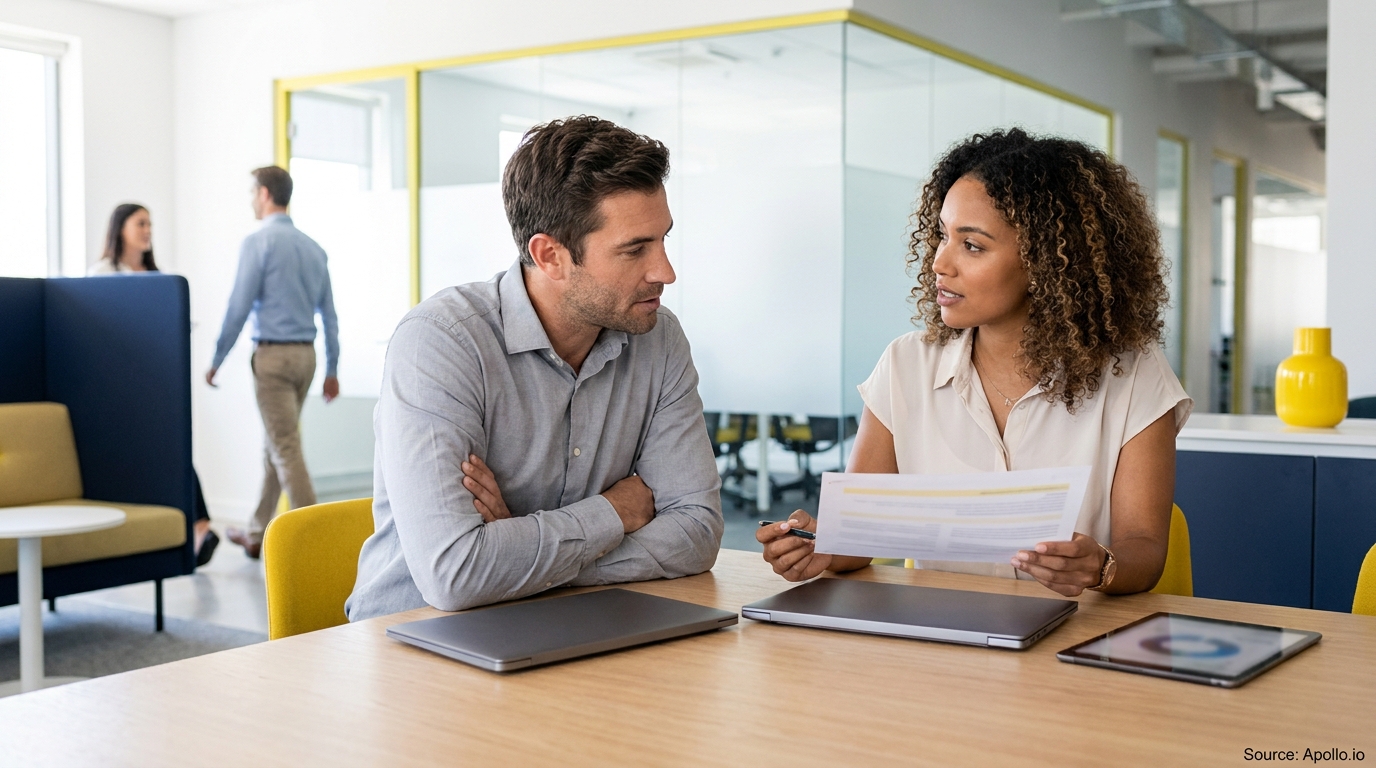 Two professionals discuss documents at a table in a modern office, with two people walking in the background.