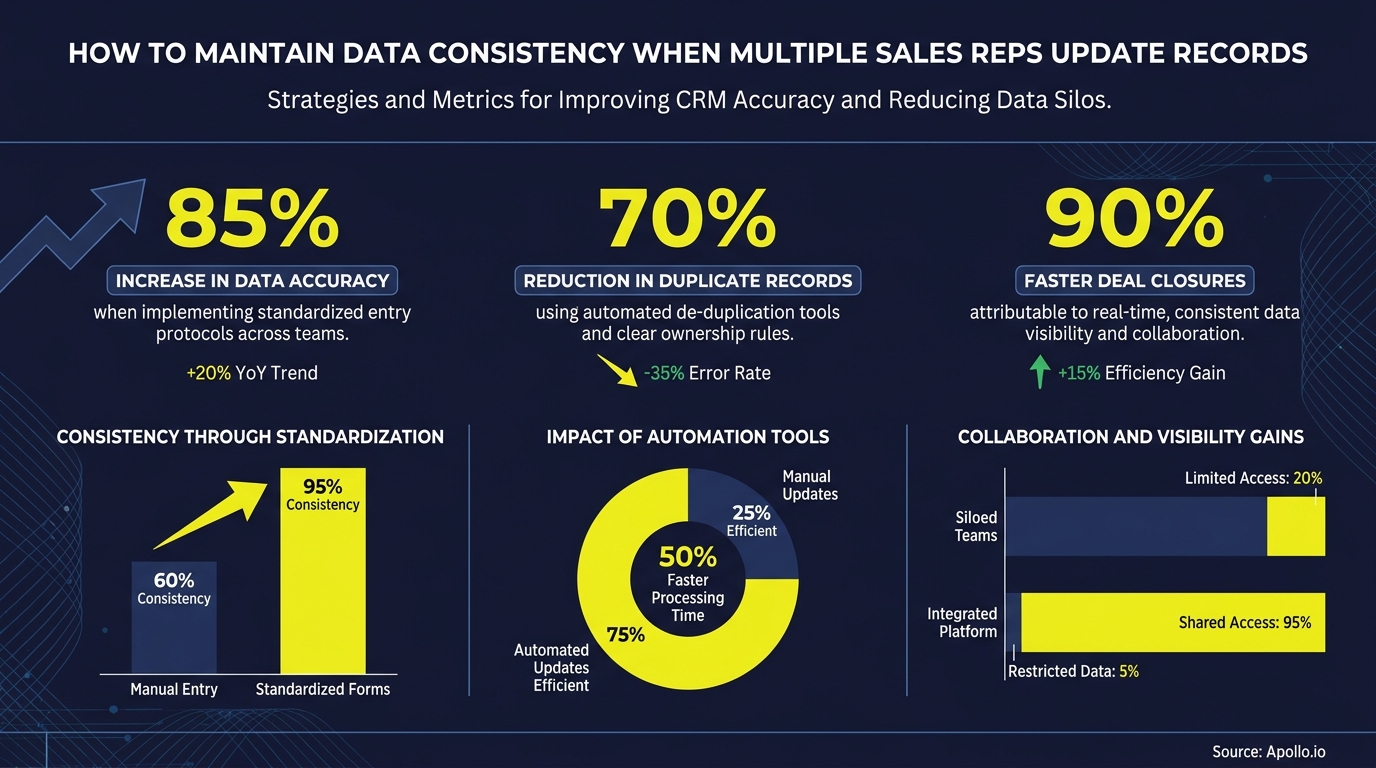 Infographic displaying charts and metrics on improving CRM data consistency and reducing data silos.