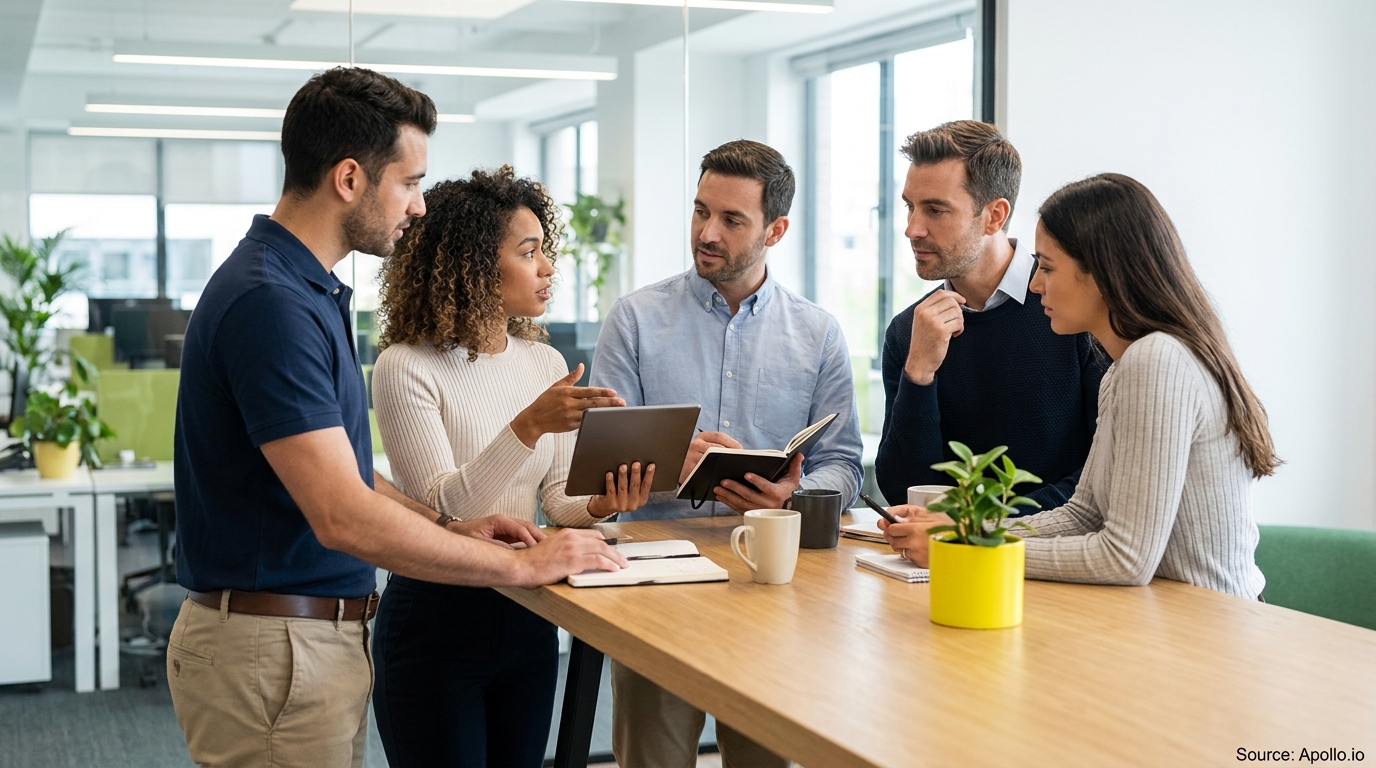 Five professionals actively collaborating around a table in a modern office.