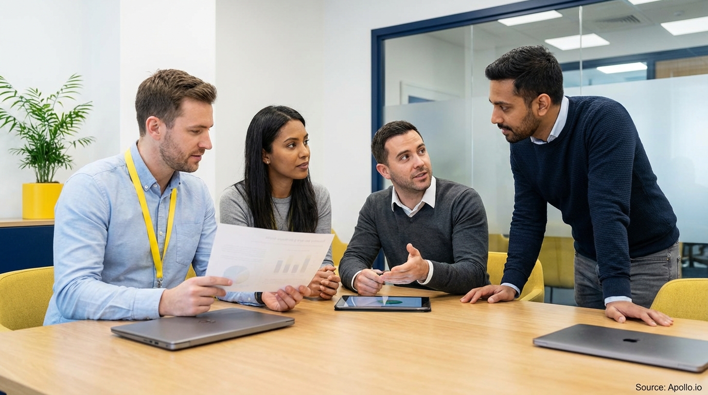 Four diverse professionals discuss a document at a modern office table.